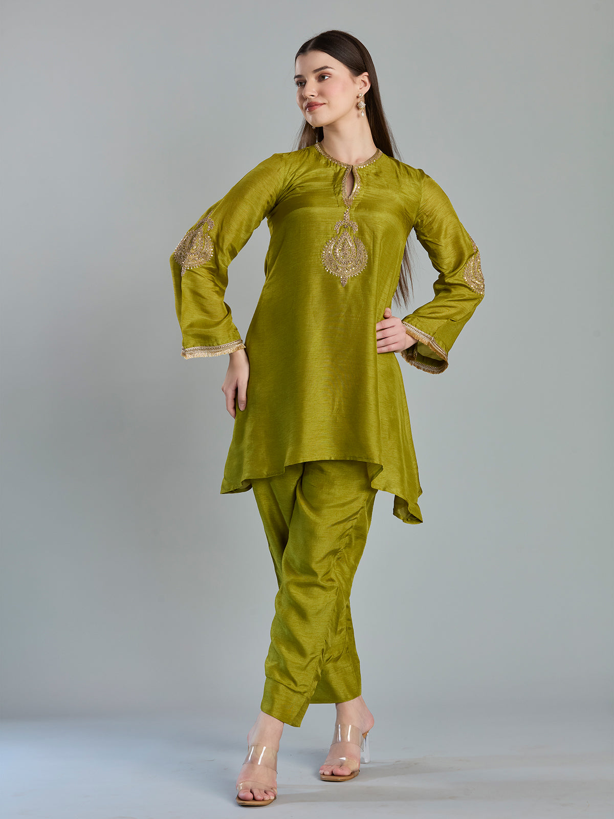 Refined light olive chanderi apple cut salwar suit
