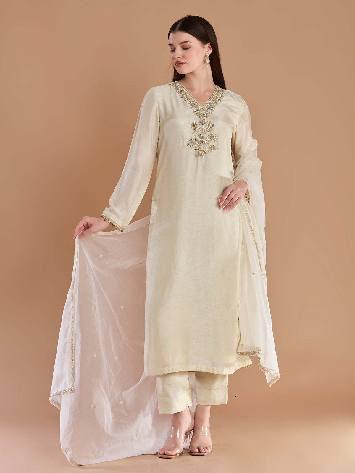 Classic ivory chanderi straight cut suit with dupatta