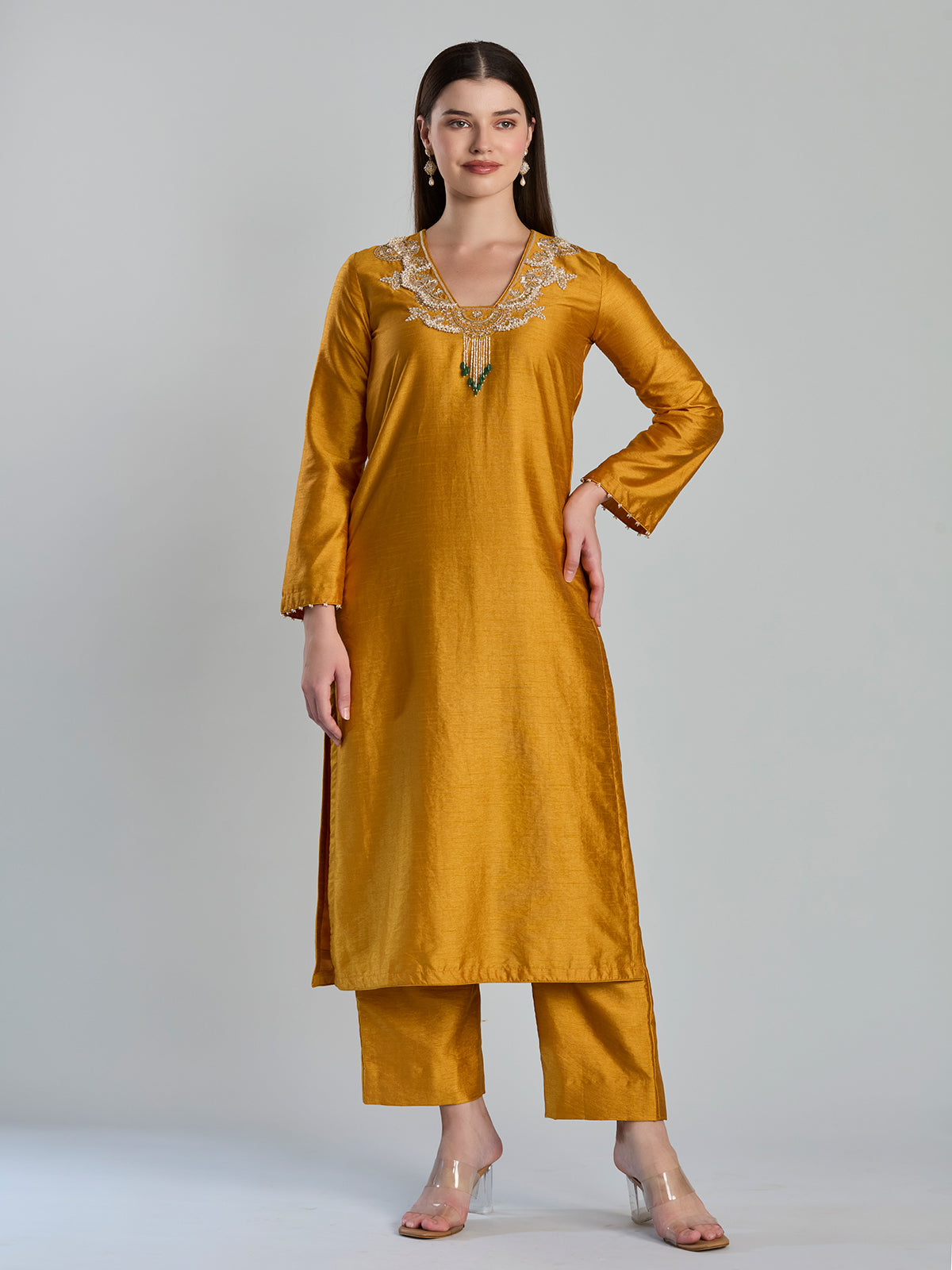 Vibrant mustard russian silk straight cut festive suit