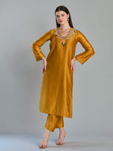 Vibrant mustard russian silk straight cut festive suit