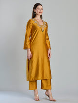 Vibrant mustard russian silk straight cut festive suit