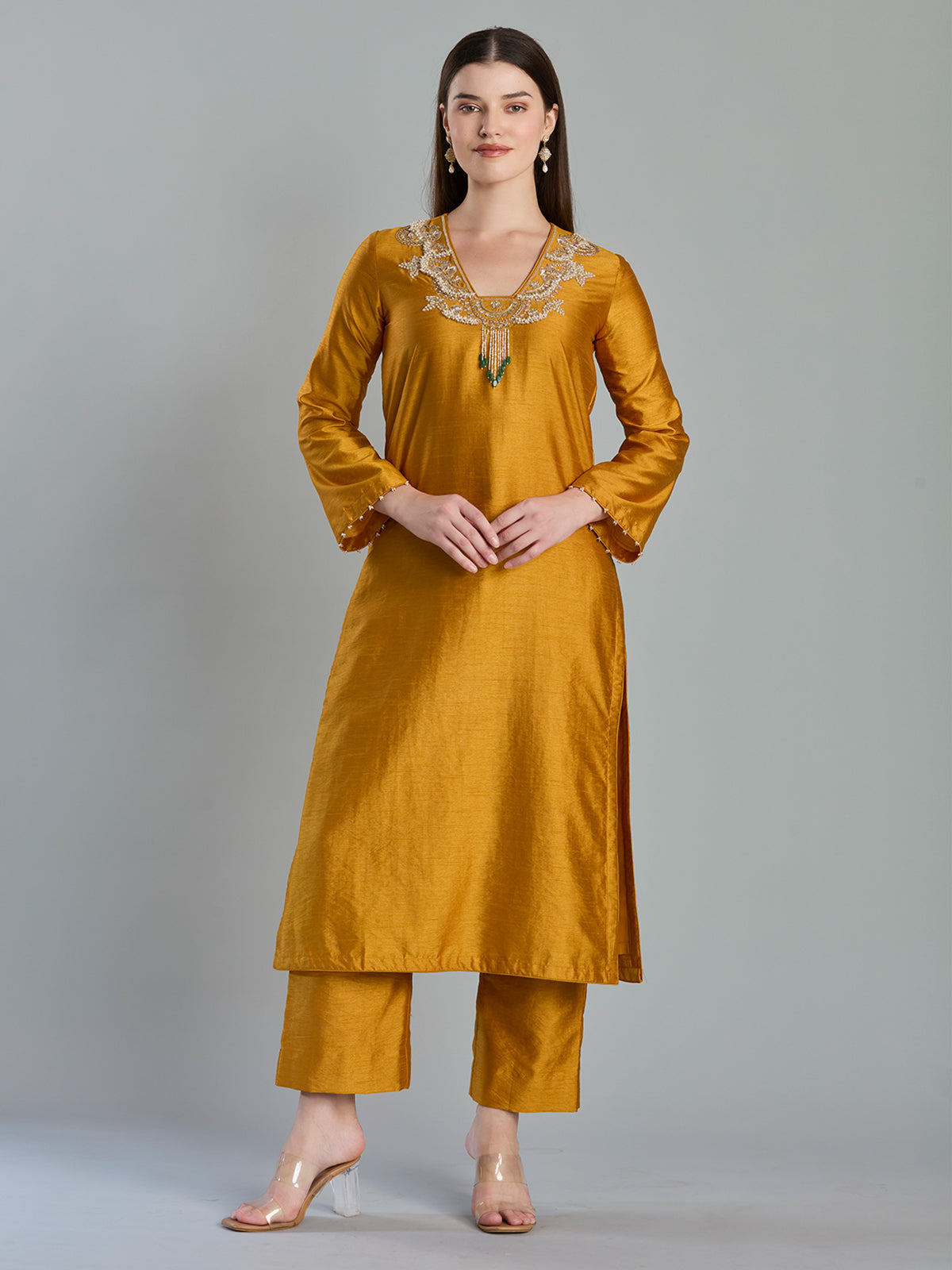 Vibrant mustard russian silk straight cut festive suit