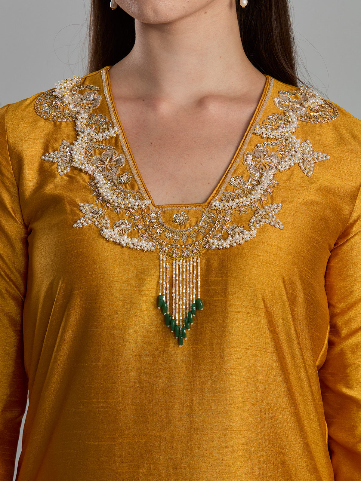 Vibrant mustard russian silk straight cut festive suit