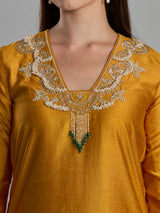 Vibrant mustard russian silk straight cut festive suit