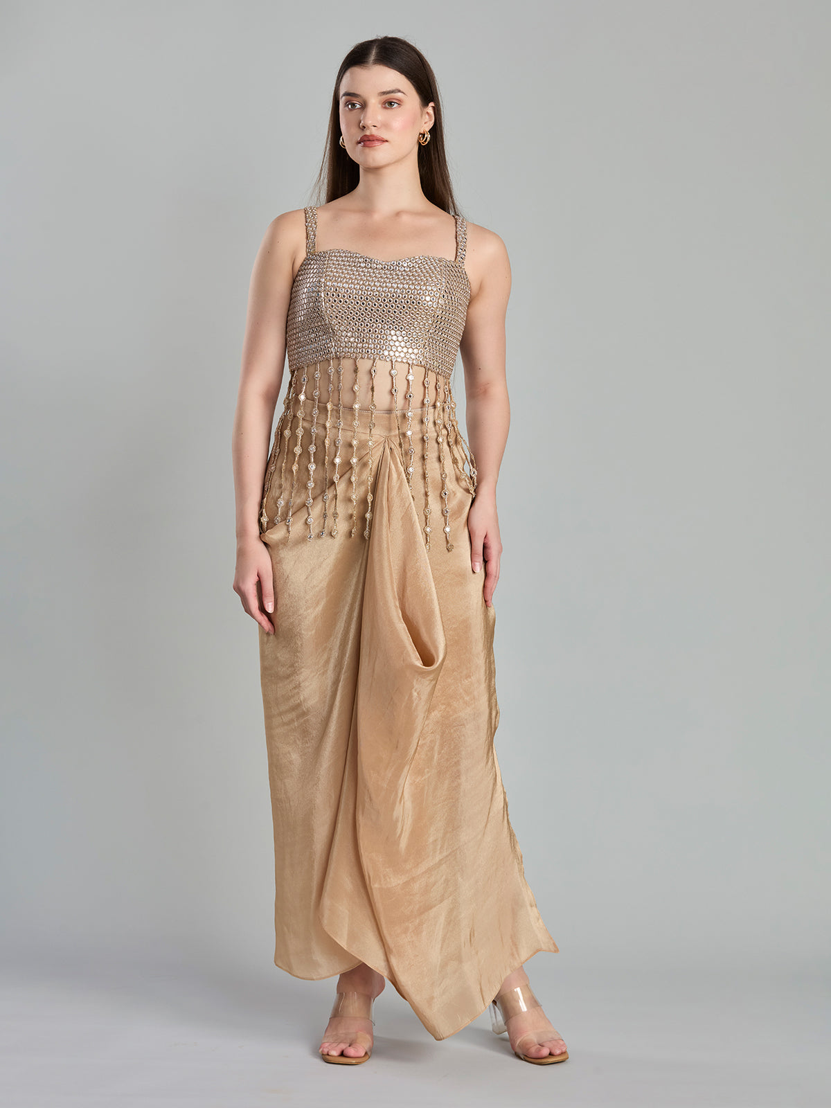 Chic beige satin georgette indo western drape skirt set