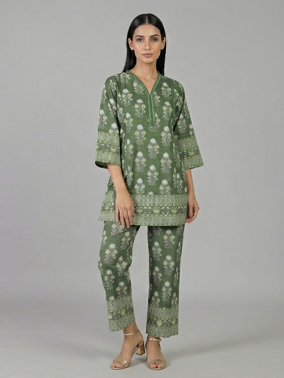Mehendi green cotton floral printed casual co ord set