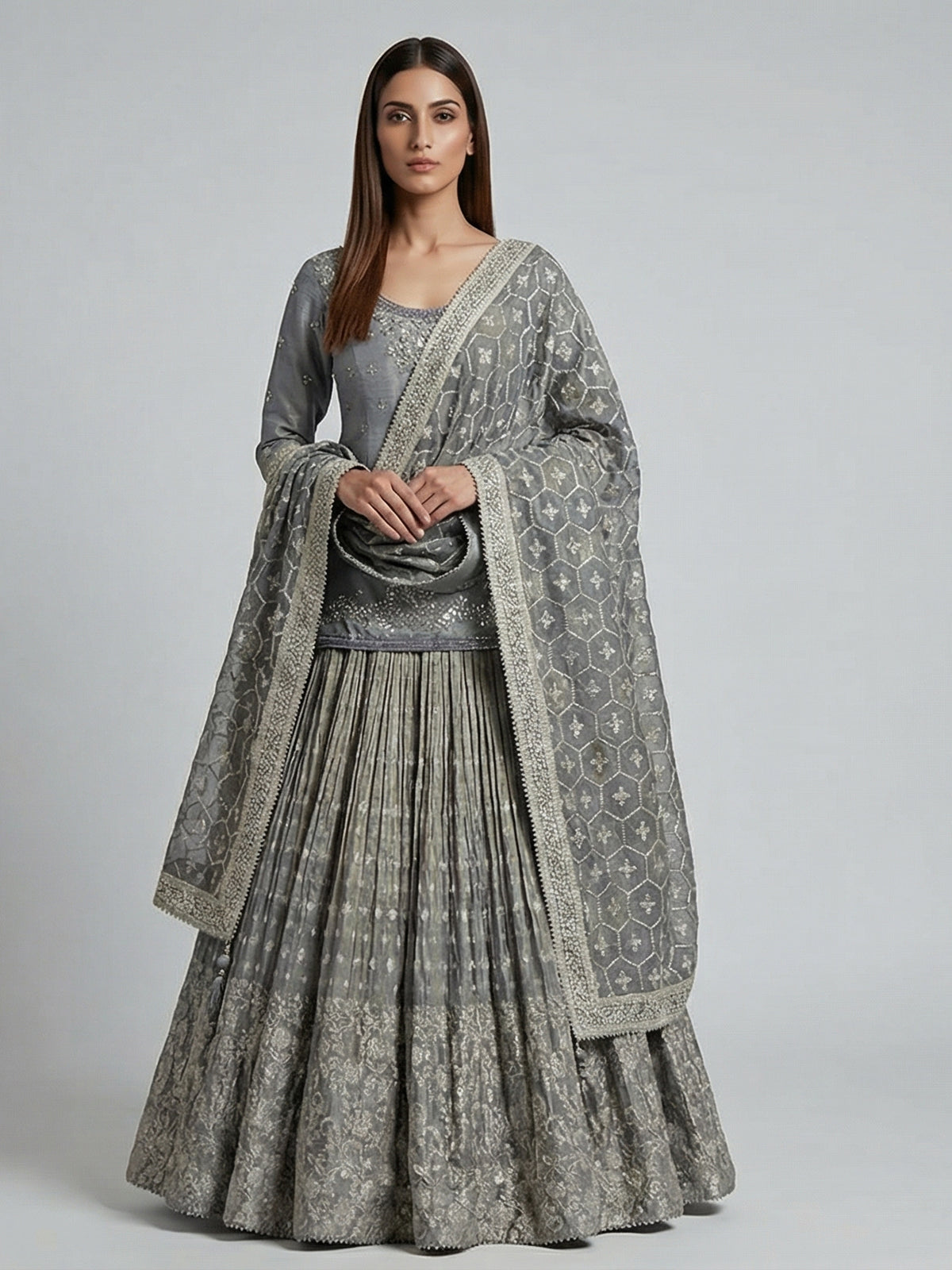 Grey banarasi silk mirror and zari work festive lehenga choli