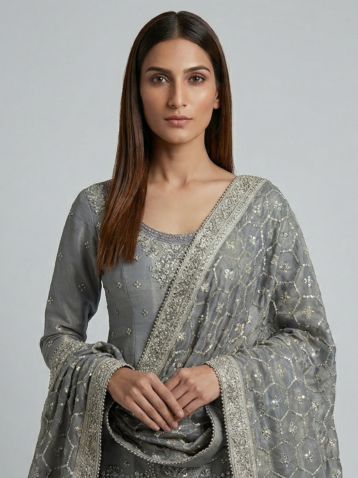 Grey banarasi silk mirror and zari work festive lehenga choli