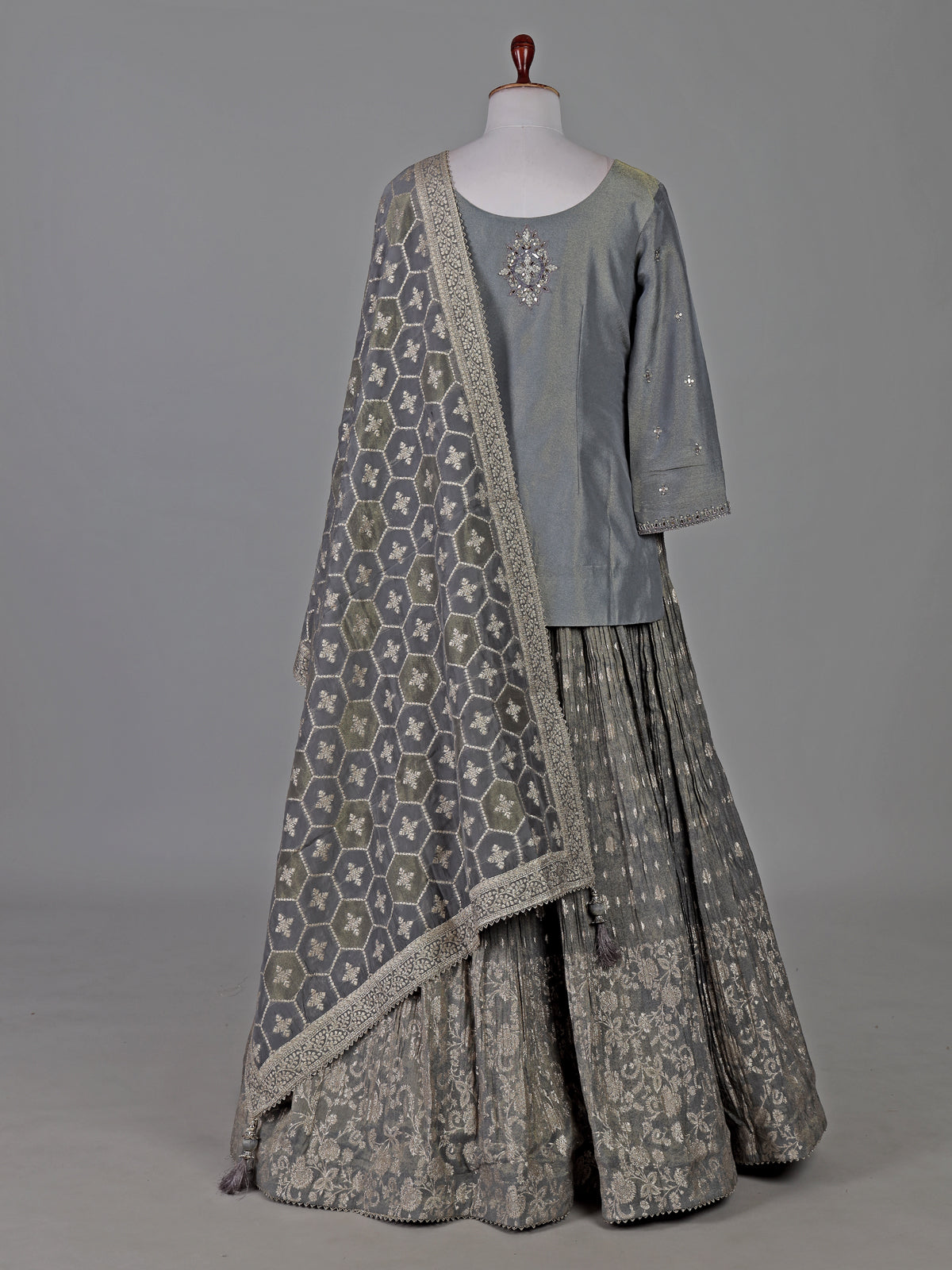 Grey banarasi silk mirror and zari work festive lehenga choli