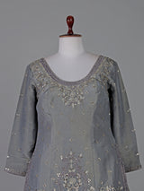 Grey banarasi silk mirror and zari work festive lehenga choli
