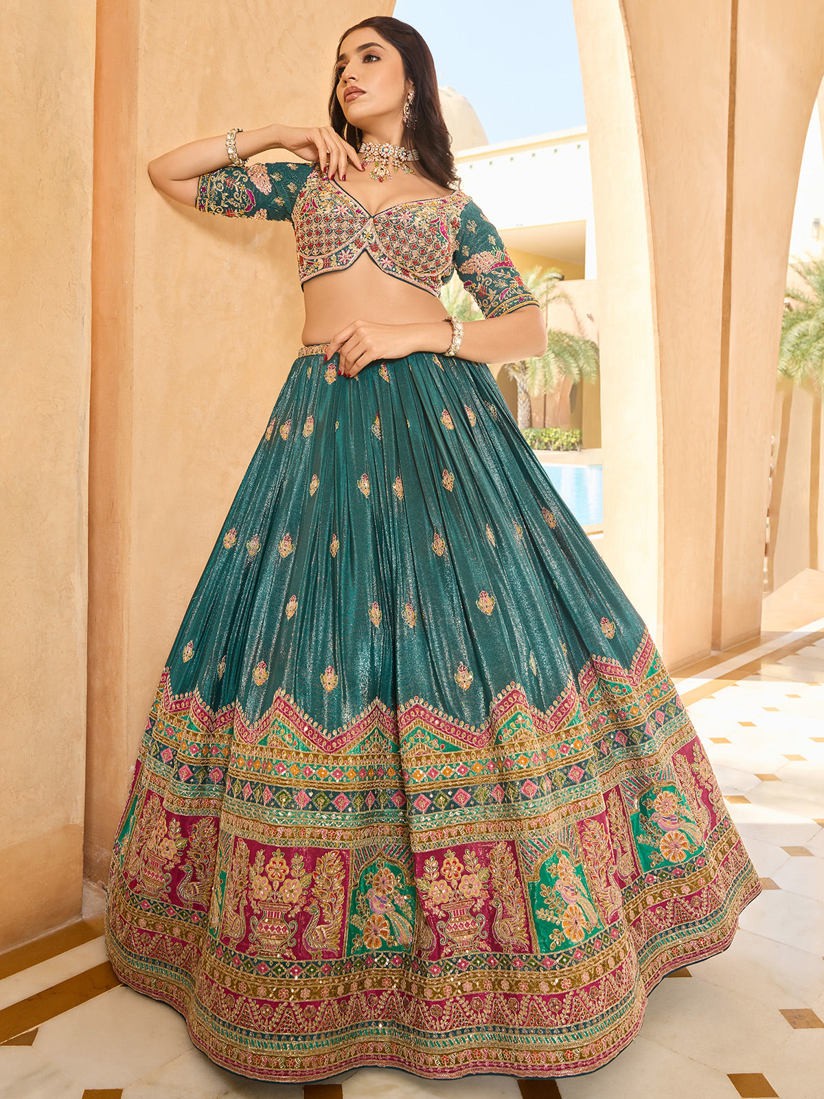 Rama green silk wedding wear lehenga choli for women