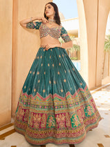 Rama green silk wedding wear lehenga choli for women