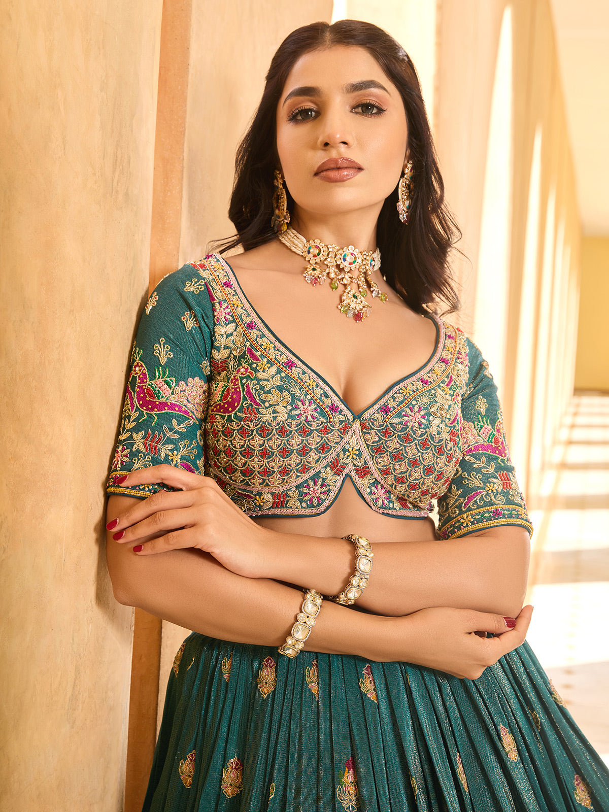 Rama green silk wedding wear lehenga choli for women