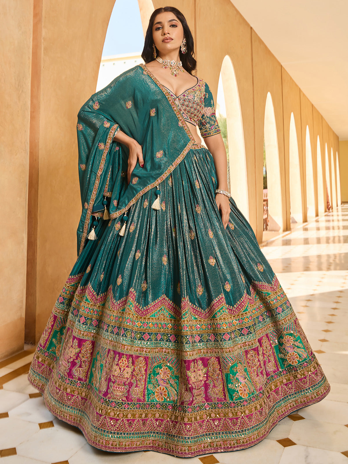Rama green silk wedding wear lehenga choli for women