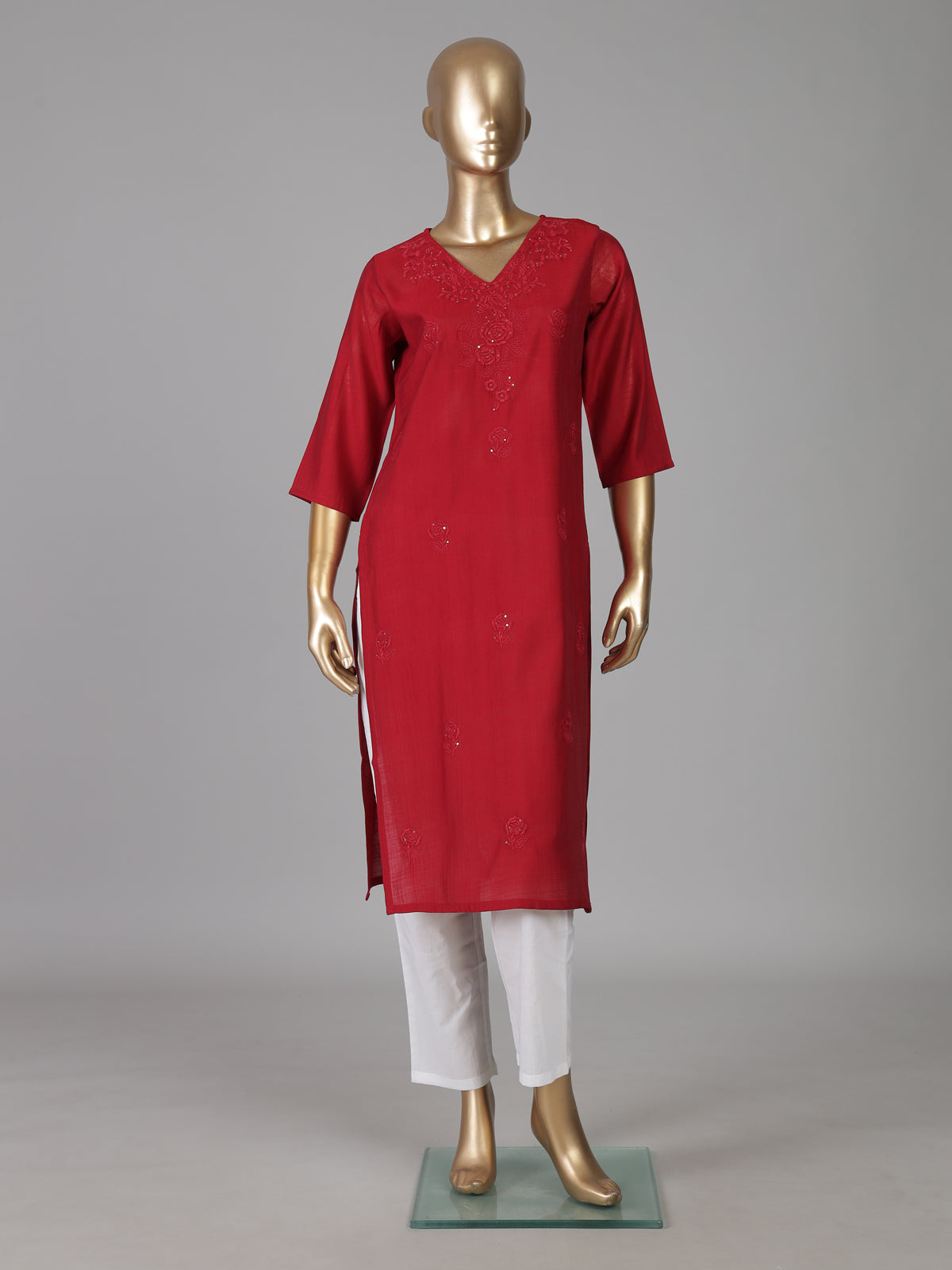 Red tone on tone embroidered cotton silk kurti