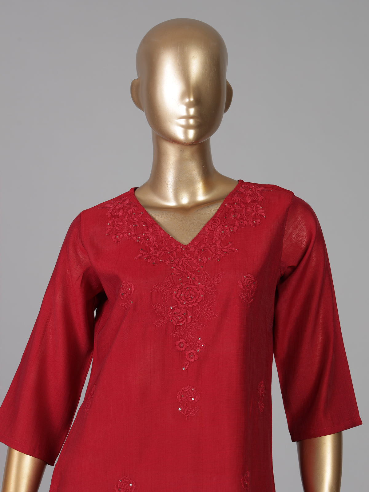 Red tone on tone embroidered cotton silk kurti