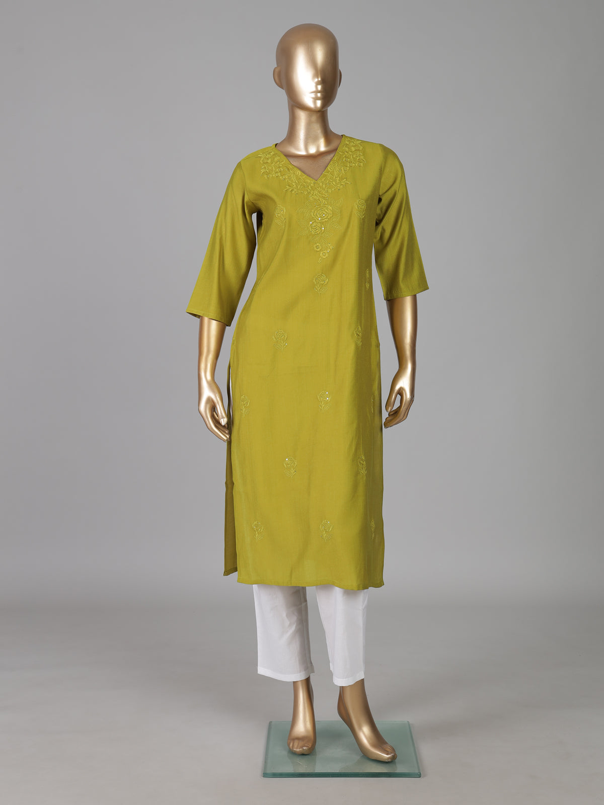 Parrot green tone on tone embroidered cotton silk kurti