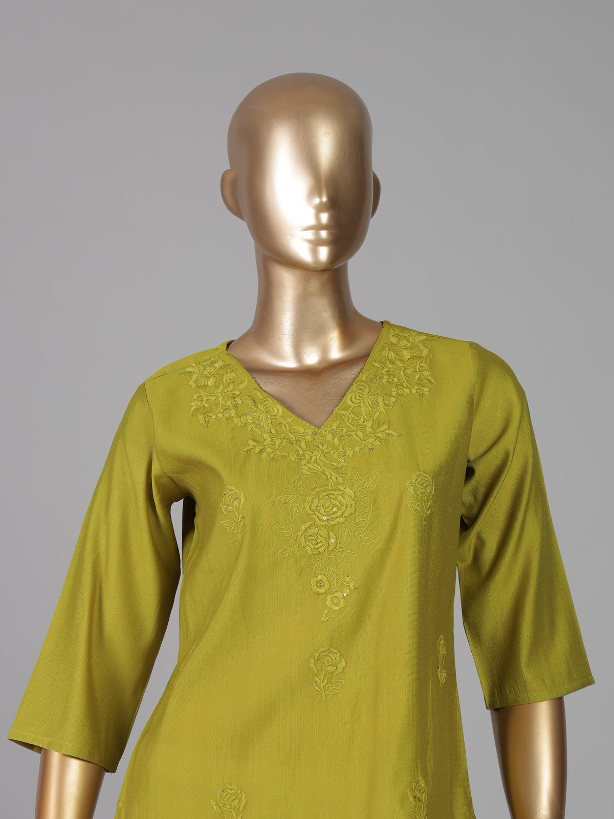 Parrot green tone on tone embroidered cotton silk kurti