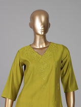 Parrot green tone on tone embroidered cotton silk kurti