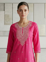 Rani pink white embroidered cotton silk kurti