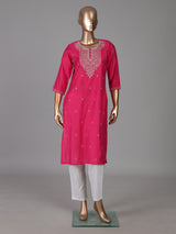 Rani pink white embroidered cotton silk kurti