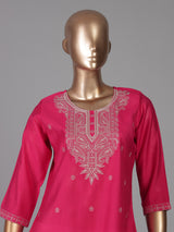 Rani pink white embroidered cotton silk kurti
