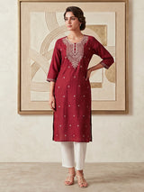 Maroon white chikankari cotton silk kurti with floral buttas