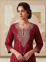 Maroon white chikankari cotton silk kurti with floral buttas