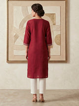Maroon white chikankari cotton silk kurti with floral buttas