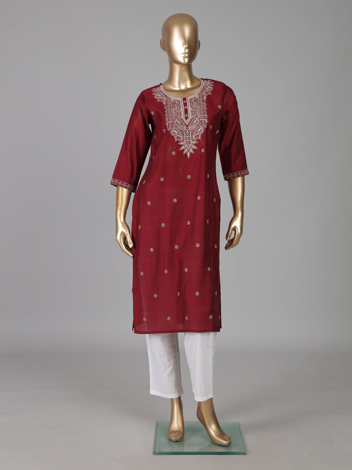 Maroon white chikankari cotton silk kurti with floral buttas
