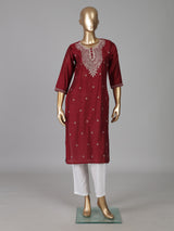 Maroon white chikankari cotton silk kurti with floral buttas