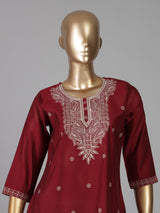 Maroon white chikankari cotton silk kurti with floral buttas