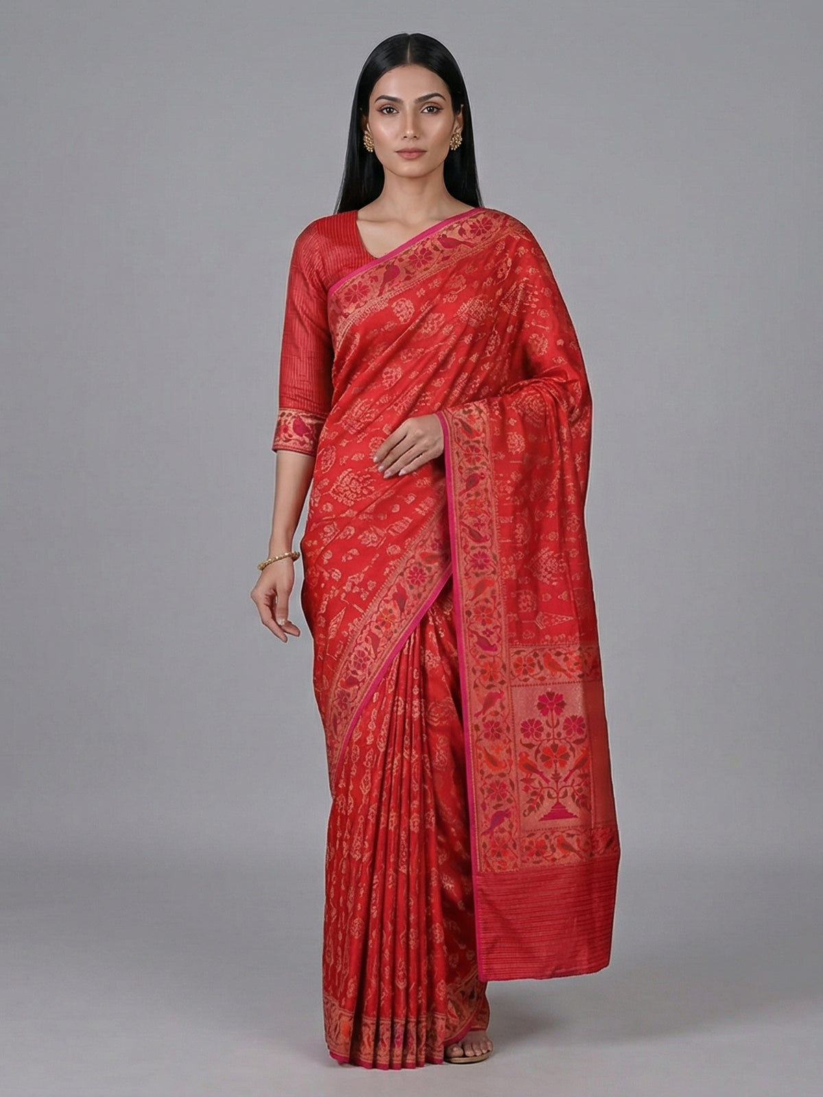 Red pure banarasi silk floral bird saree