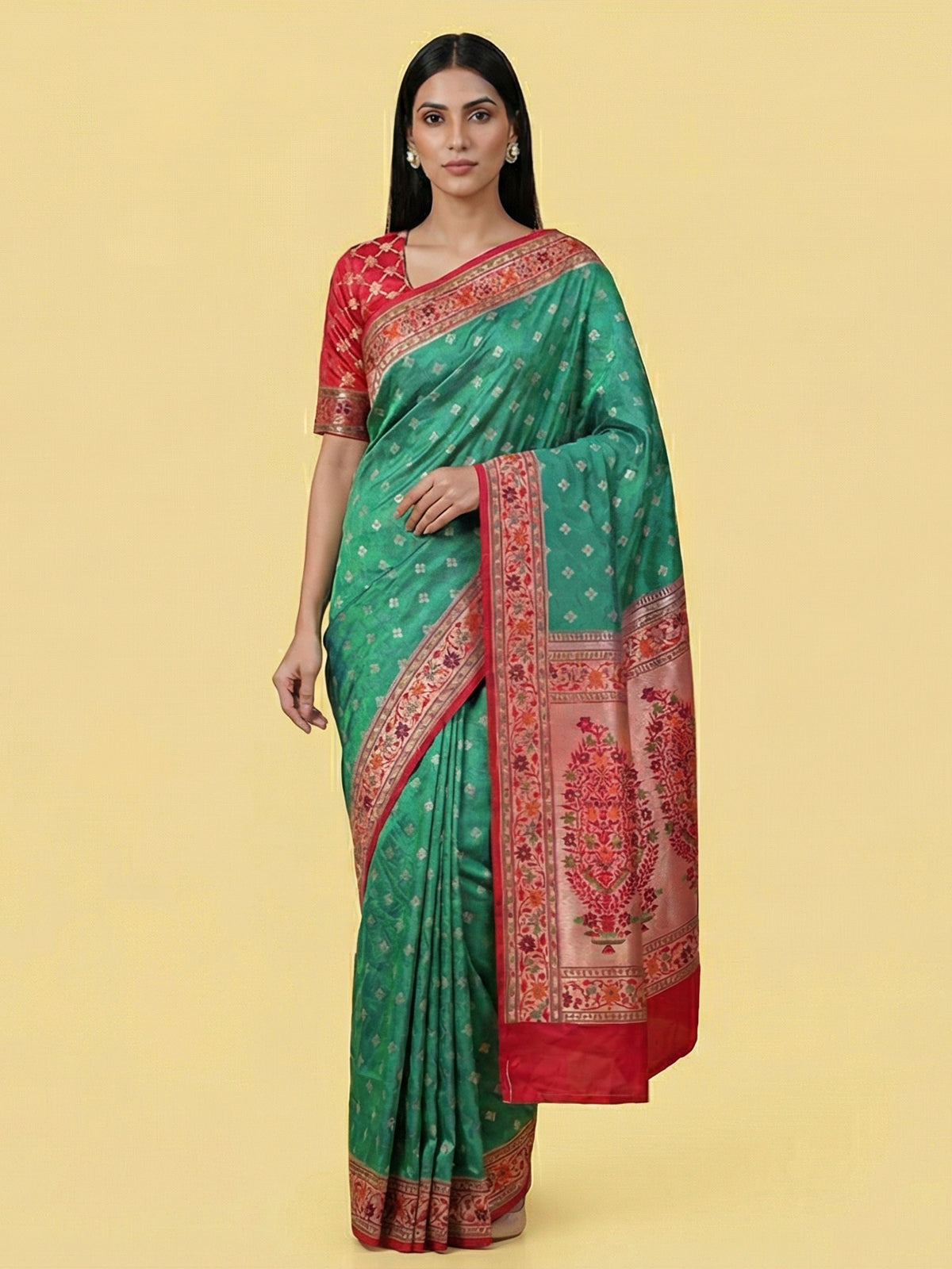 Green and red pure banarasi silk festive saree