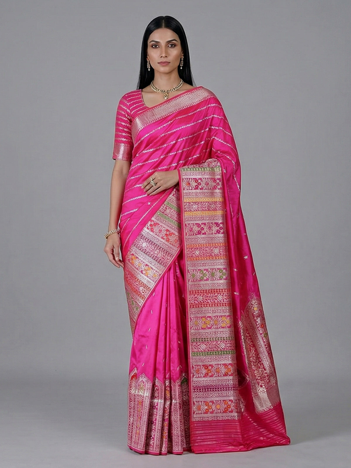 Fuchsia pink pure banarasi silk wedding saree