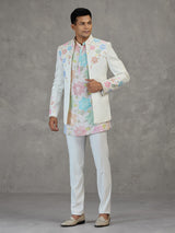 Cream silk reception wear Indowestern ensemble