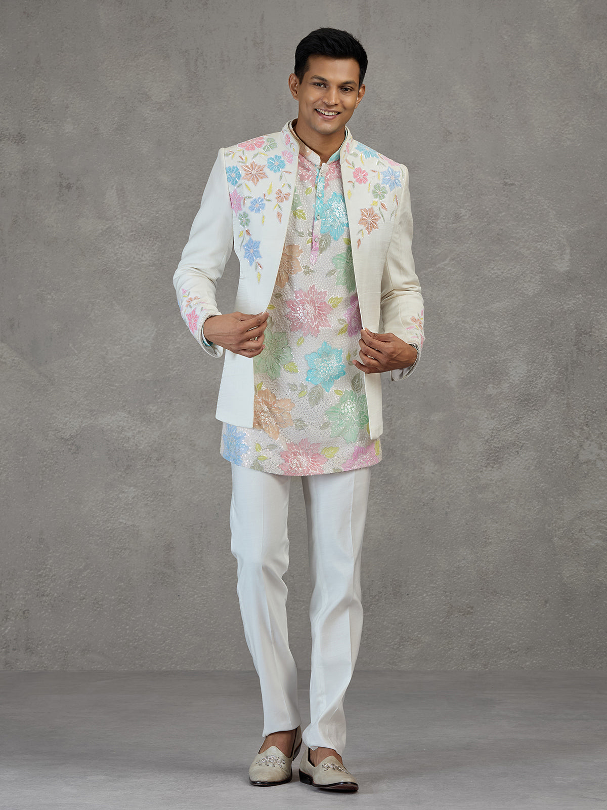 Cream silk reception wear Indowestern ensemble