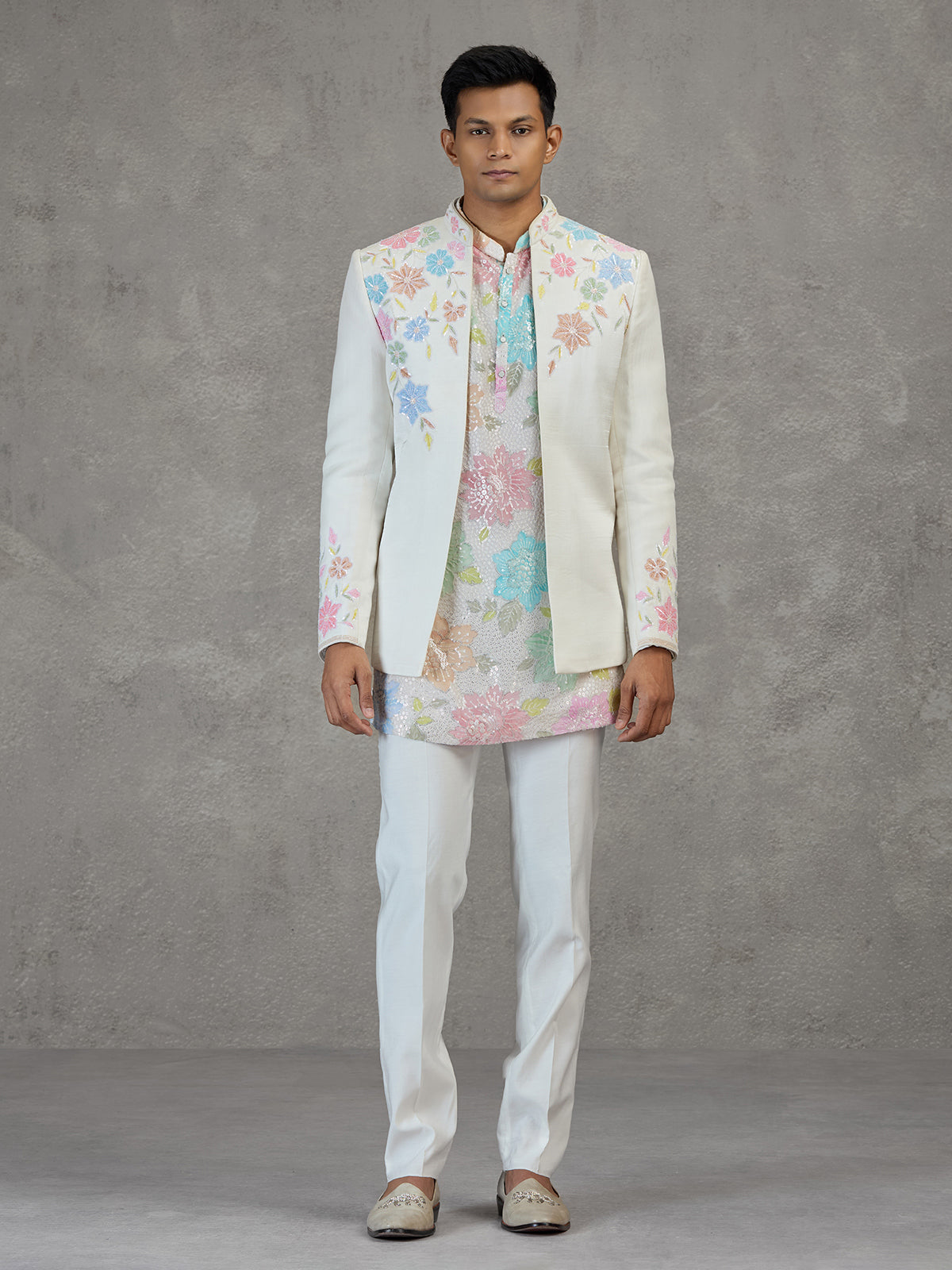 Cream silk reception wear Indowestern ensemble
