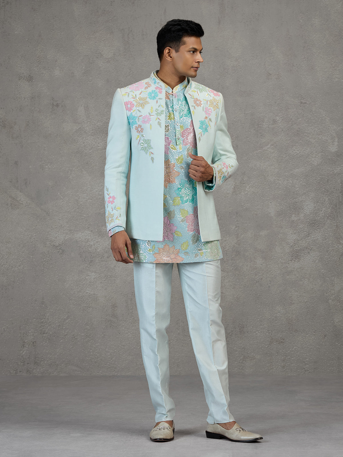 Sky blue silk Indowestern set for reception wear