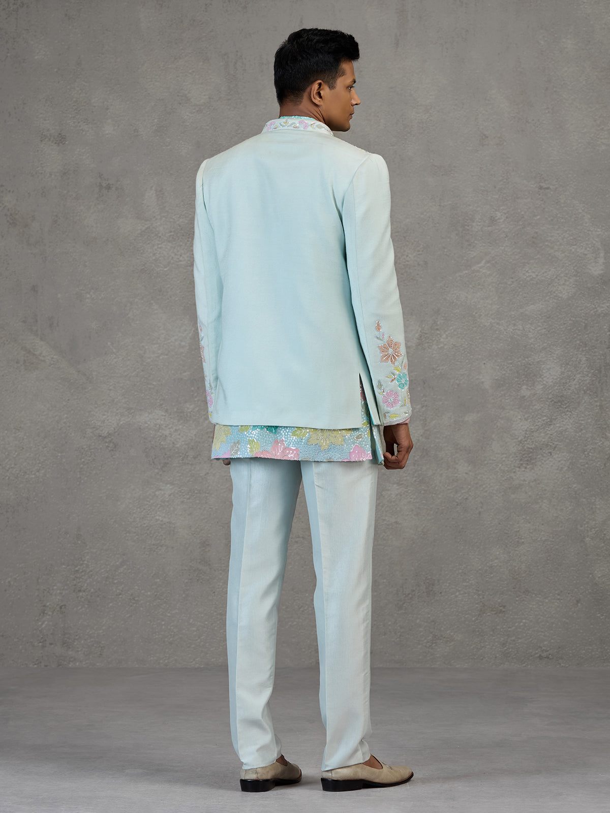 Sky blue silk Indowestern set for reception wear