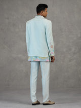 Sky blue silk Indowestern set for reception wear