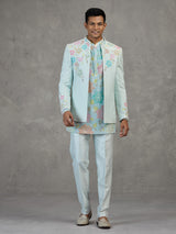 Sky blue silk Indowestern set for reception wear