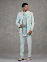 Sky blue silk Indowestern set for reception wear