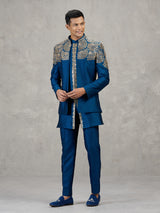 Dark blue silk Indowestern set with mirror work