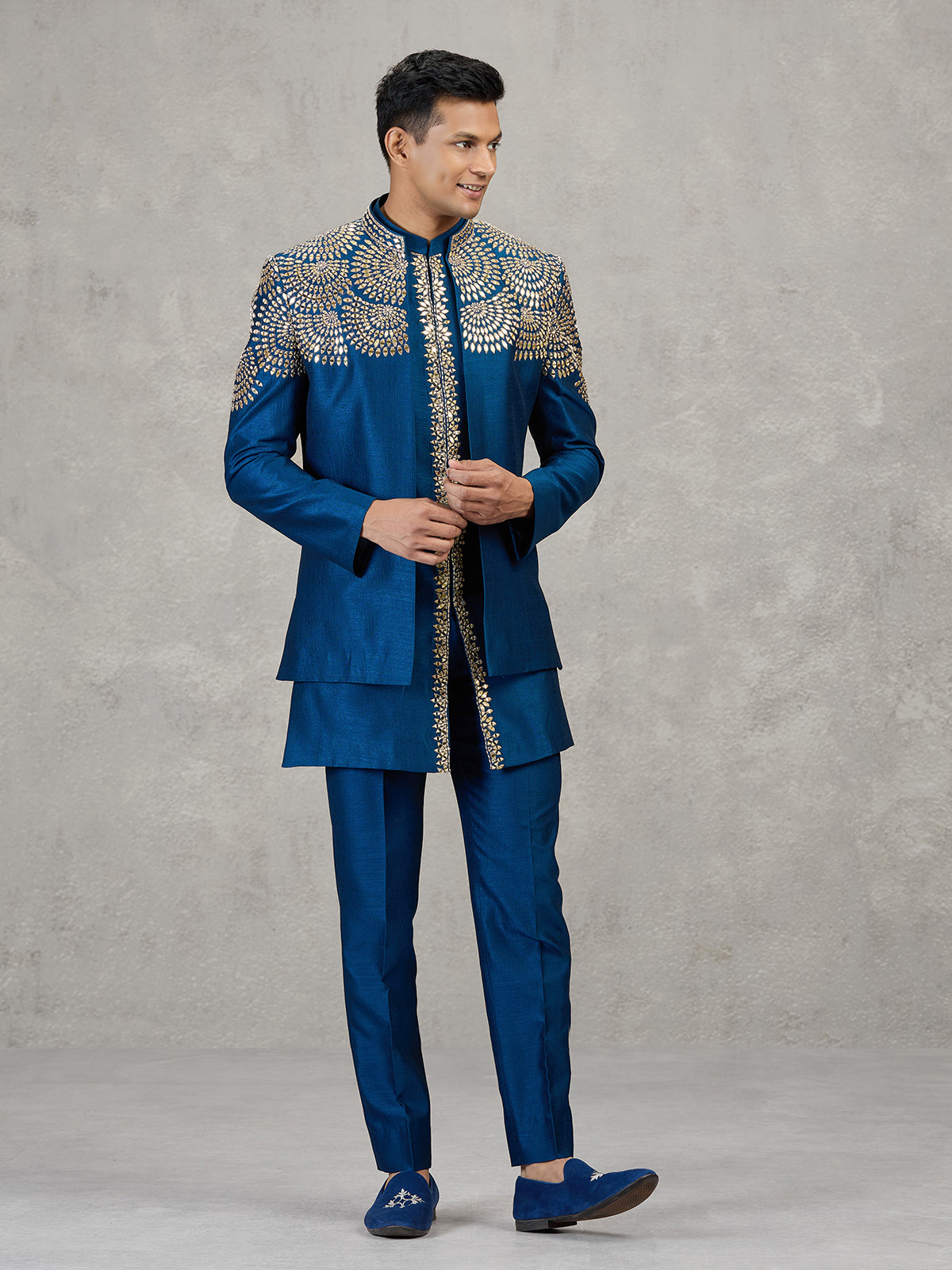 Dark blue silk Indowestern set with mirror work