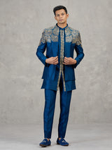 Dark blue silk Indowestern set with mirror work