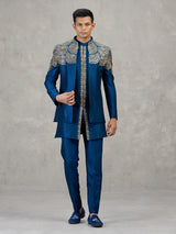 Dark blue silk Indowestern set with mirror work