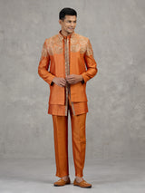 Orange silk wedding wear Indowestern set with mirror work