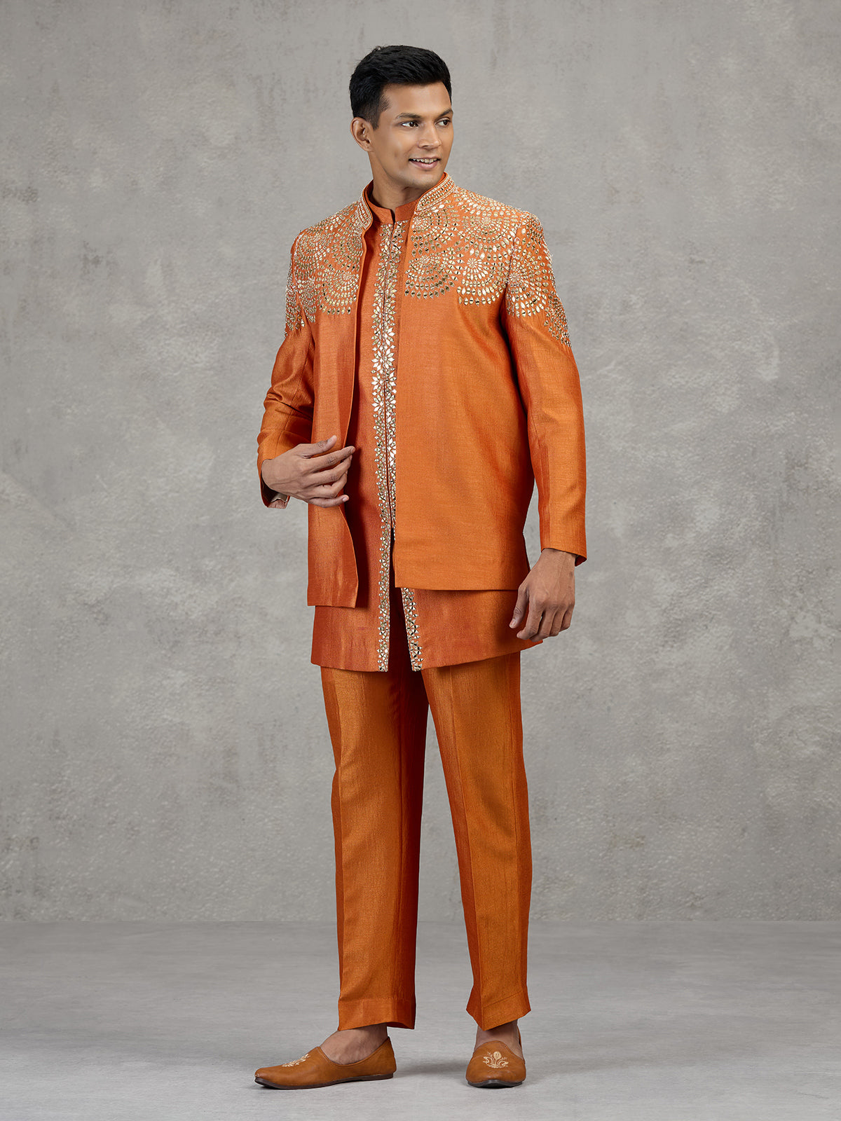 Orange silk wedding wear Indowestern set with mirror work