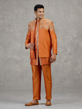 Orange silk wedding wear Indowestern set with mirror work